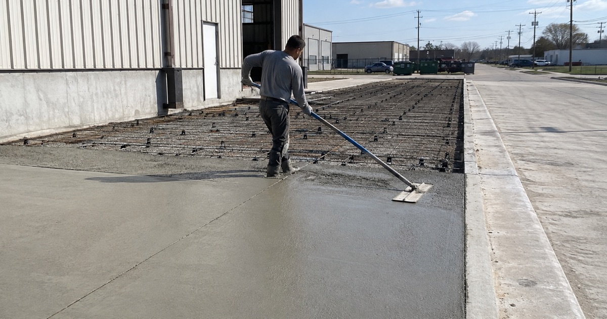 A dowel basket being set at a construction joint in a commercial truck apron in Kyle, the formed pavement running away toward a loading dock.