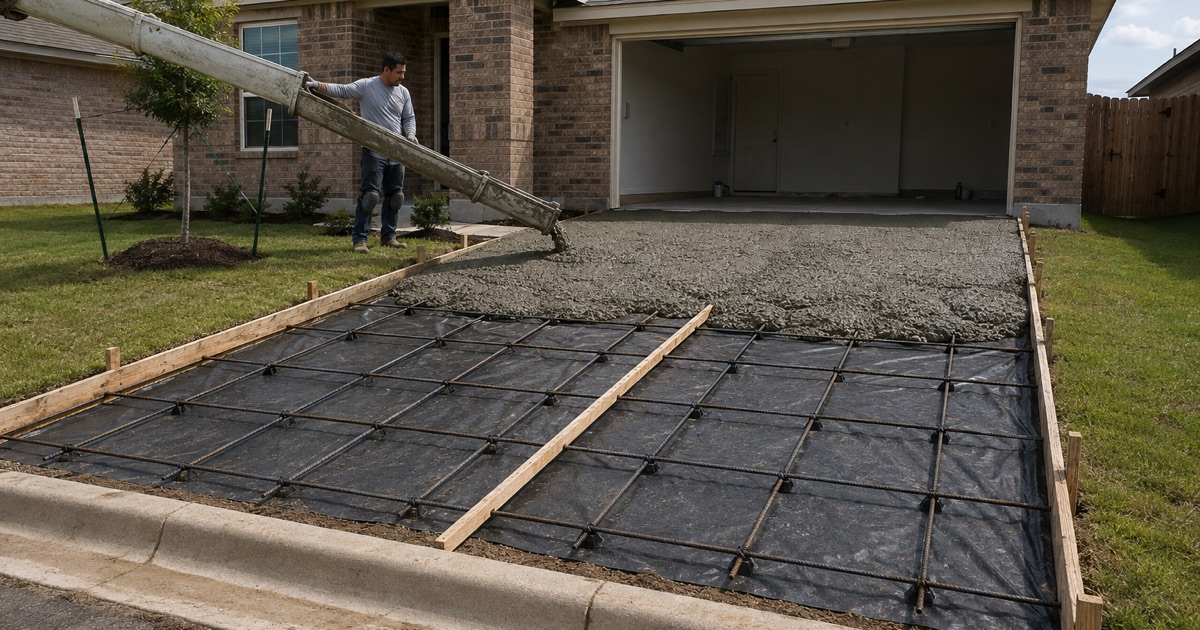Concrete being discharged from a ready-mix chute into a formed driveway in Kyle, the reinforcing bar still showing on chairs ahead of the pour.
