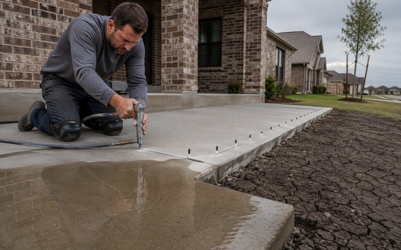 A screed board being drawn across a freshly placed concrete driveway in Kyle, the centerline expansion joint board standing in the wet slab.