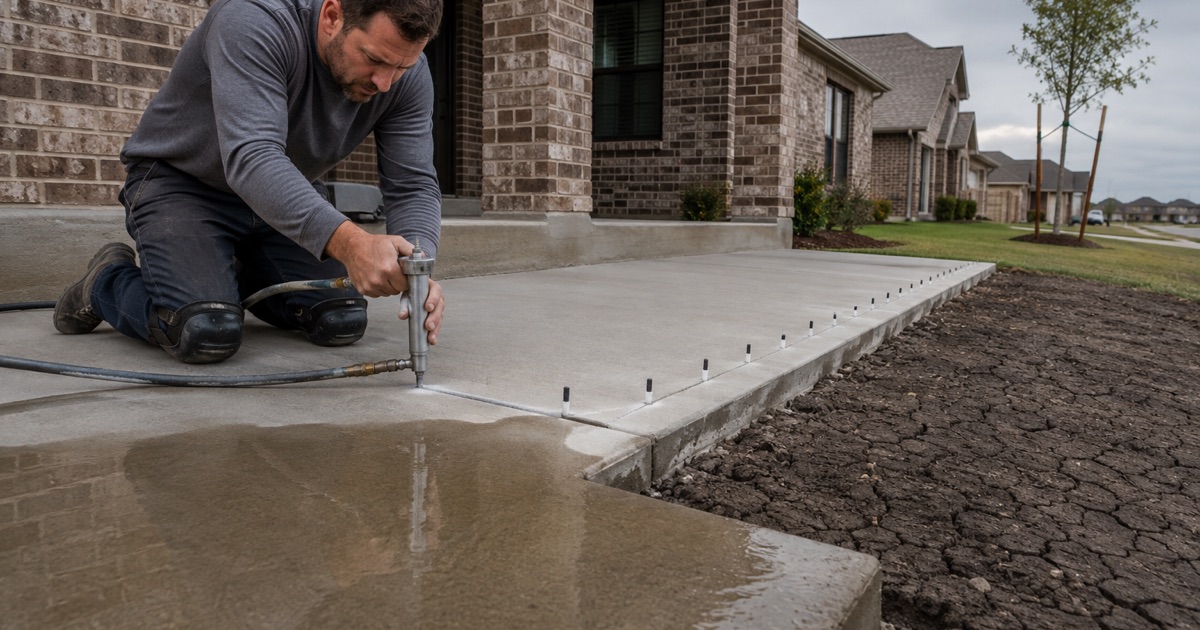 A screed board being drawn across a freshly placed concrete driveway in Kyle, the centerline expansion joint board standing in the wet slab.