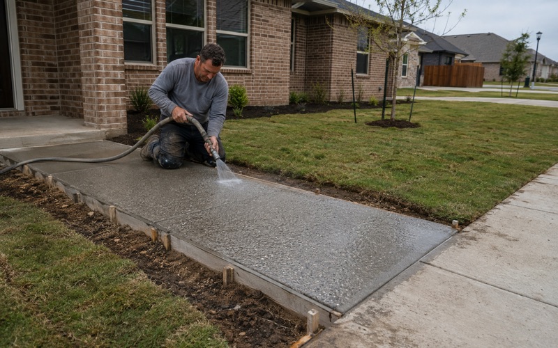 A broom finish being drawn across a green concrete patio in Kyle, the textured half and the smooth half meeting in a clean line.