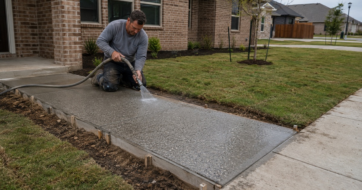 A broom finish being drawn across a green concrete patio in Kyle, the textured half and the smooth half meeting in a clean line.