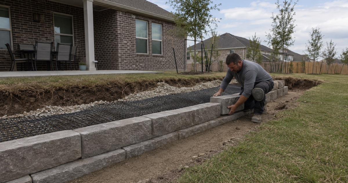 Cast concrete coping being set on the bond beam of a new pool in Kyle, the formed deck slab running away behind it.