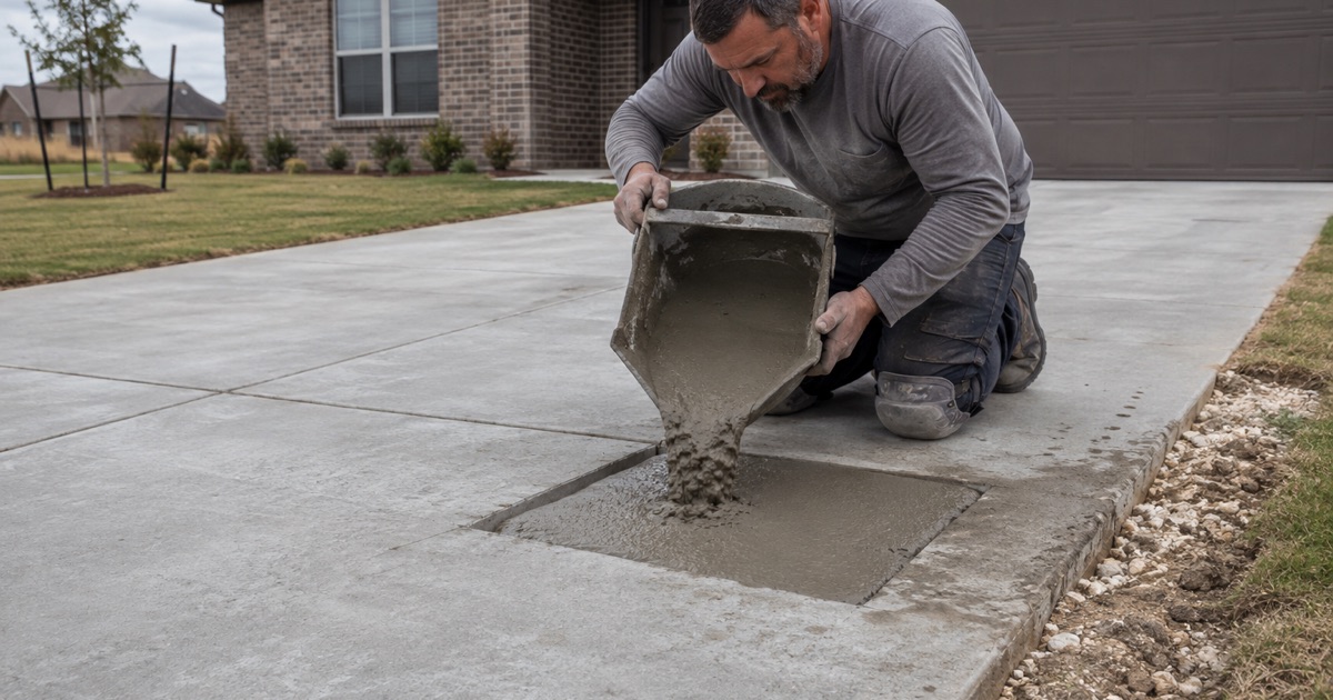 Repair mortar being placed into a saw cut patch in an older concrete driveway in Kyle, sound concrete showing in the base of the patch.