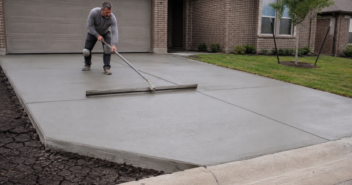 A polymer overlay being spread across a prepared concrete pool surround in Kyle, the pulled half reading darker than the bare slab ahead of it.