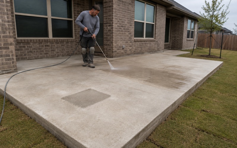 A vapor retarder sheet being rolled out over the base course of a formed shop pad in Kyle, the reinforcing bar bundled beside it.