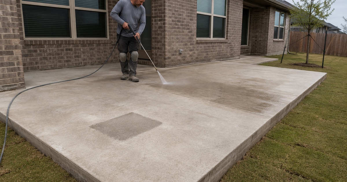 A vapor retarder sheet being rolled out over the base course of a formed shop pad in Kyle, the reinforcing bar bundled beside it.