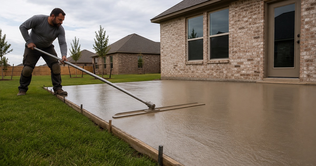 A bull float being pushed out across a freshly placed integrally colored concrete patio in Kyle, the forms still standing on both sides.