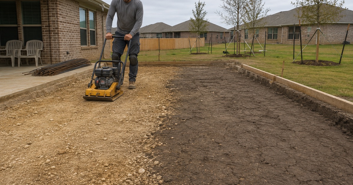 A plate compactor being walked across the base course of a formed slab in Kyle, the two grounds of the city showing in the open cut beside it.