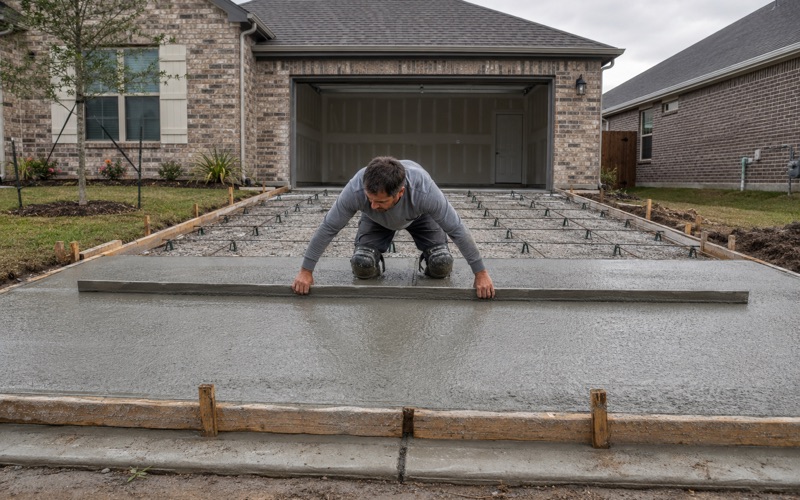 A stamp mat being tamped into green colored concrete on a Kyle patio, the pattern running crisp behind it.